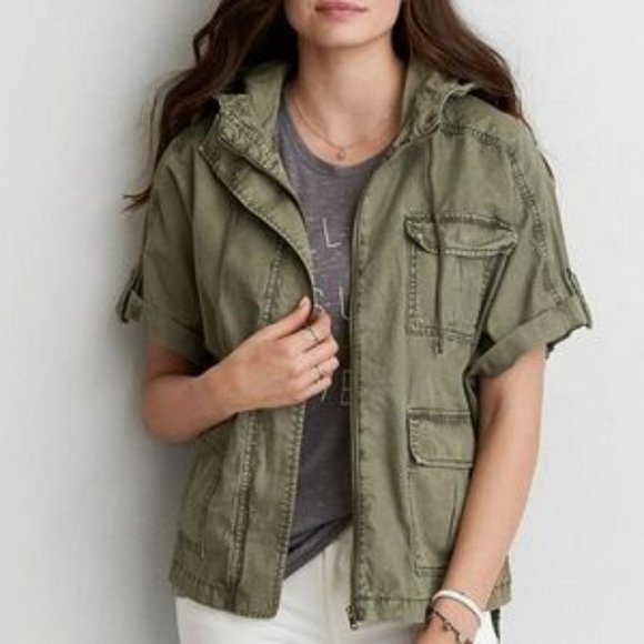 American Eagle Oversize S/S Army Olive Green Hooded Military Utility Jacket - M - Picture 1 of 10